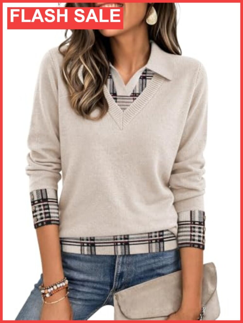 Womens V-Neck Polo Sweater Knit Pullover Loose Fit Long Sleeve